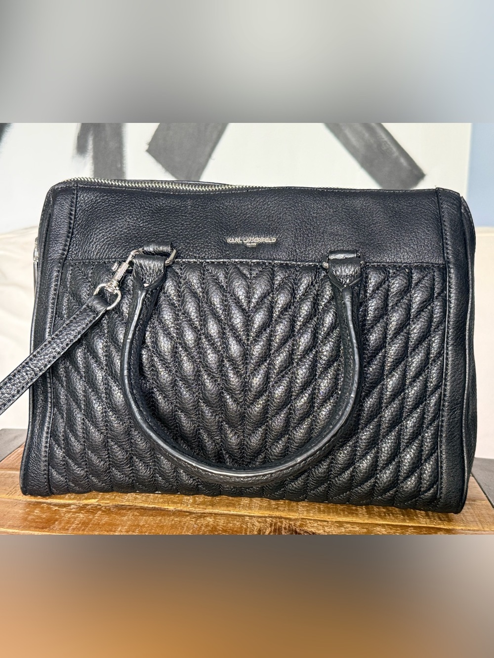 Karl Lagerfeld Quilted Black Leather Satchel with Top Handles